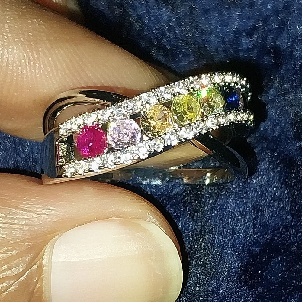 Elegant Multicolor Gemstone Silvery Ring Sz 7